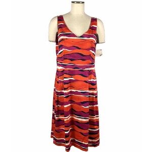 NWT Anne Klein Red Pink Navy Wave Stripe A Line Flare Dress Work Cocktail SZ 12